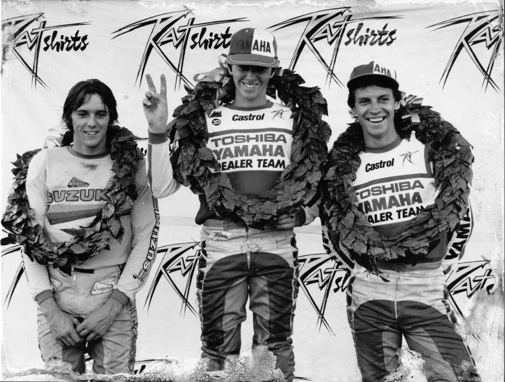 1982 Robert Beatle Bailey on Mr Motocross podium with Jeff Leisk and Stephen Gall at Round 2 at Tivoli (QLD)